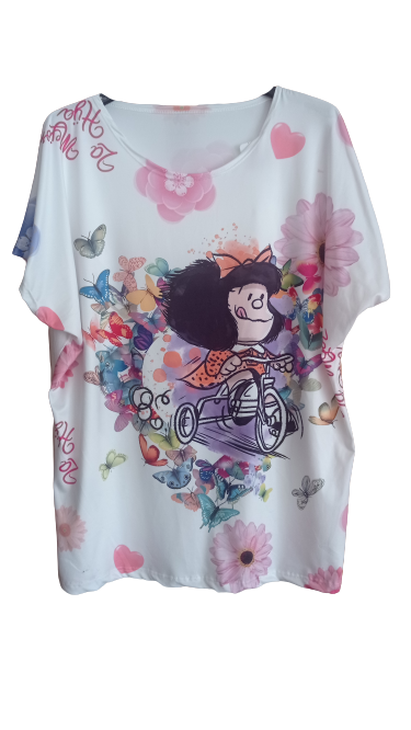 Camiseta para mujer de manga corta con Mafalda en bici