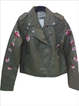 Cazadora polipiel, verde caqui con decoración de flores