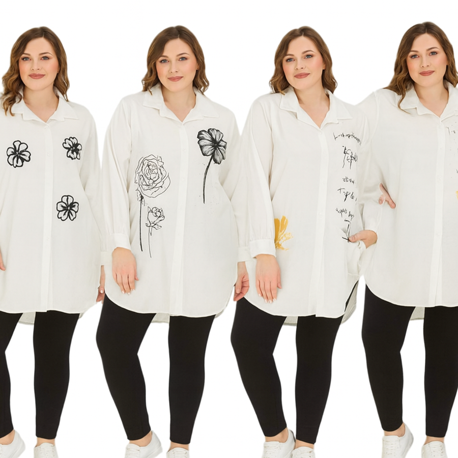 Blusón camisero blanco con dibujos discretos