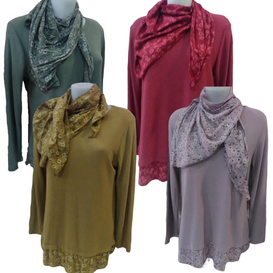 Camiseta con faldón, con foulard de flores pequeñas (Tallas M-XL)