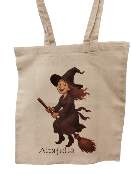 Bolsa de tela 100% algodón con Bruja sonriente en escoba