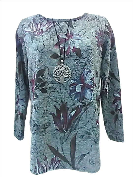 Jersey ablusonado, con cuello redondo y estampado flores sobre fondo gris