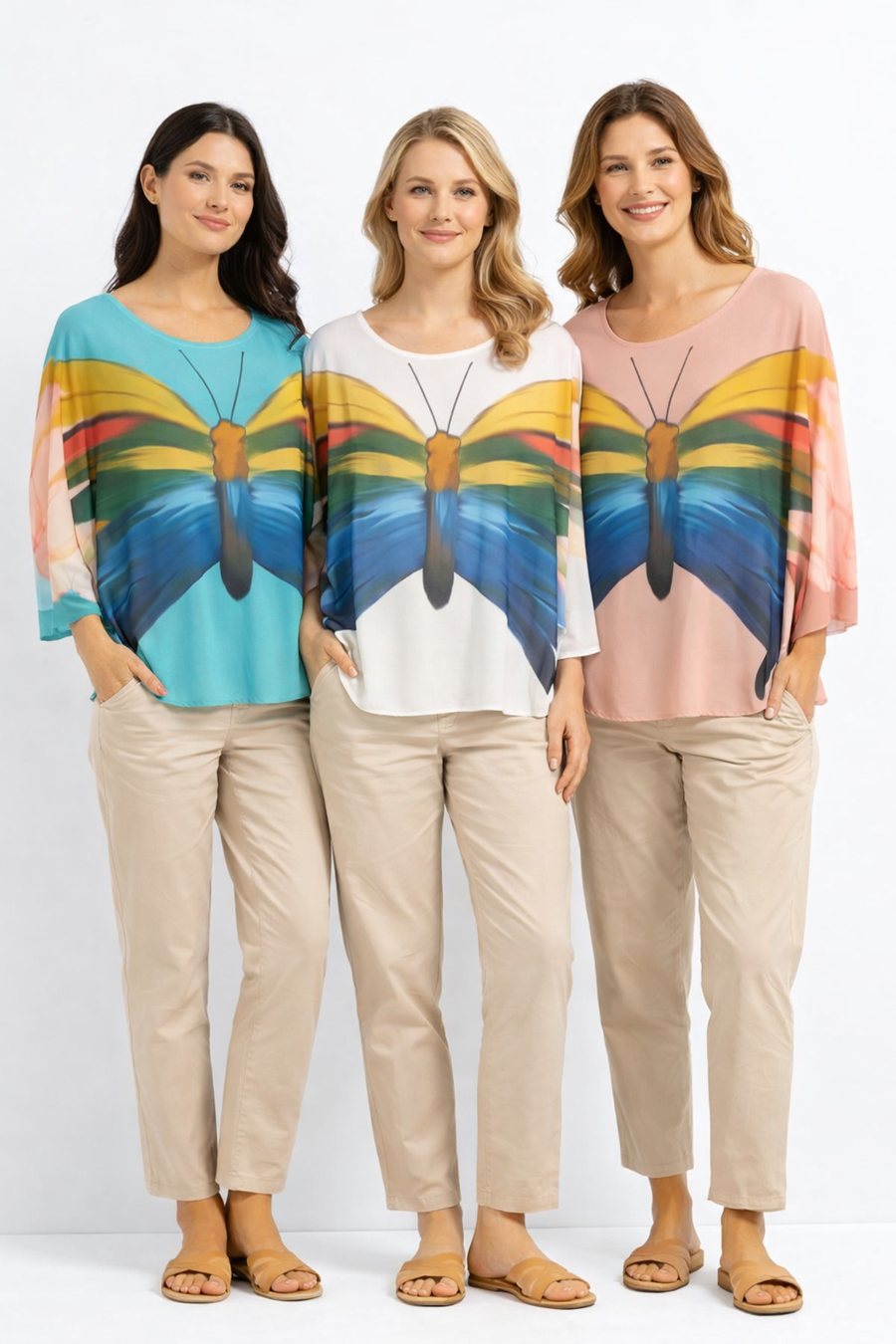 Blusa sedosa manga mariposa, estampado con mariposa