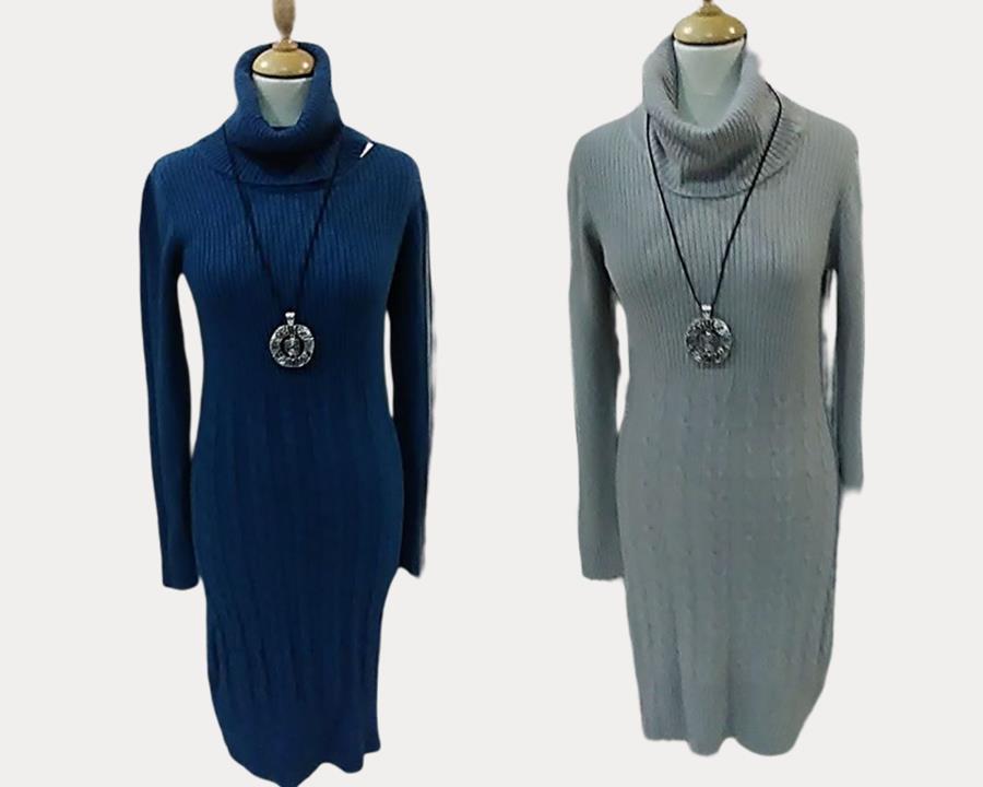 Vestido de punto con cuello vuelto, cisne, cálido, azul y gris