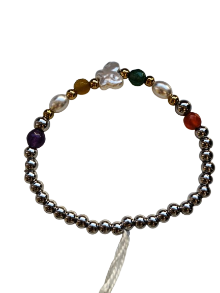 Pulsera elástica de acero plateada con mariposa blanca 