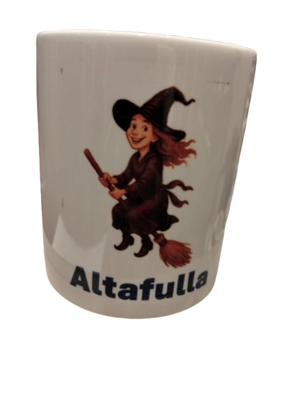 Taza recuerdo de Altafulla. Bruja voladora.