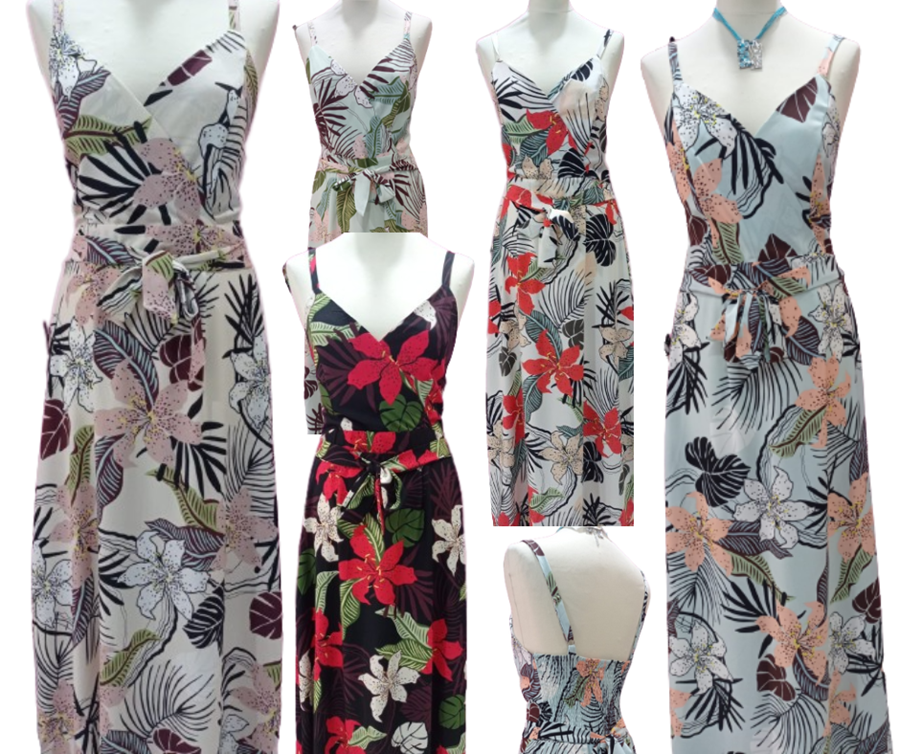 Vestido maxi de tirantes, con estampado vegetal.