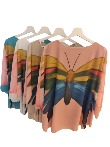 Blusa sedosa manga mariposa, estampado con mariposa