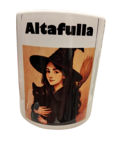 Taza souvenir de Altafulla. Bruja con gato
