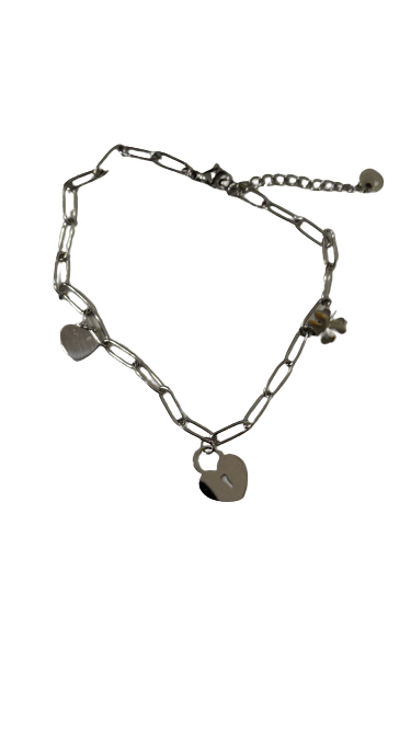 Pulsera de acero. Cadena con trebol, corazon y candado