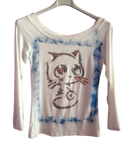 Camiseta de manga larga, con dibujo pintado a mano, Gatito