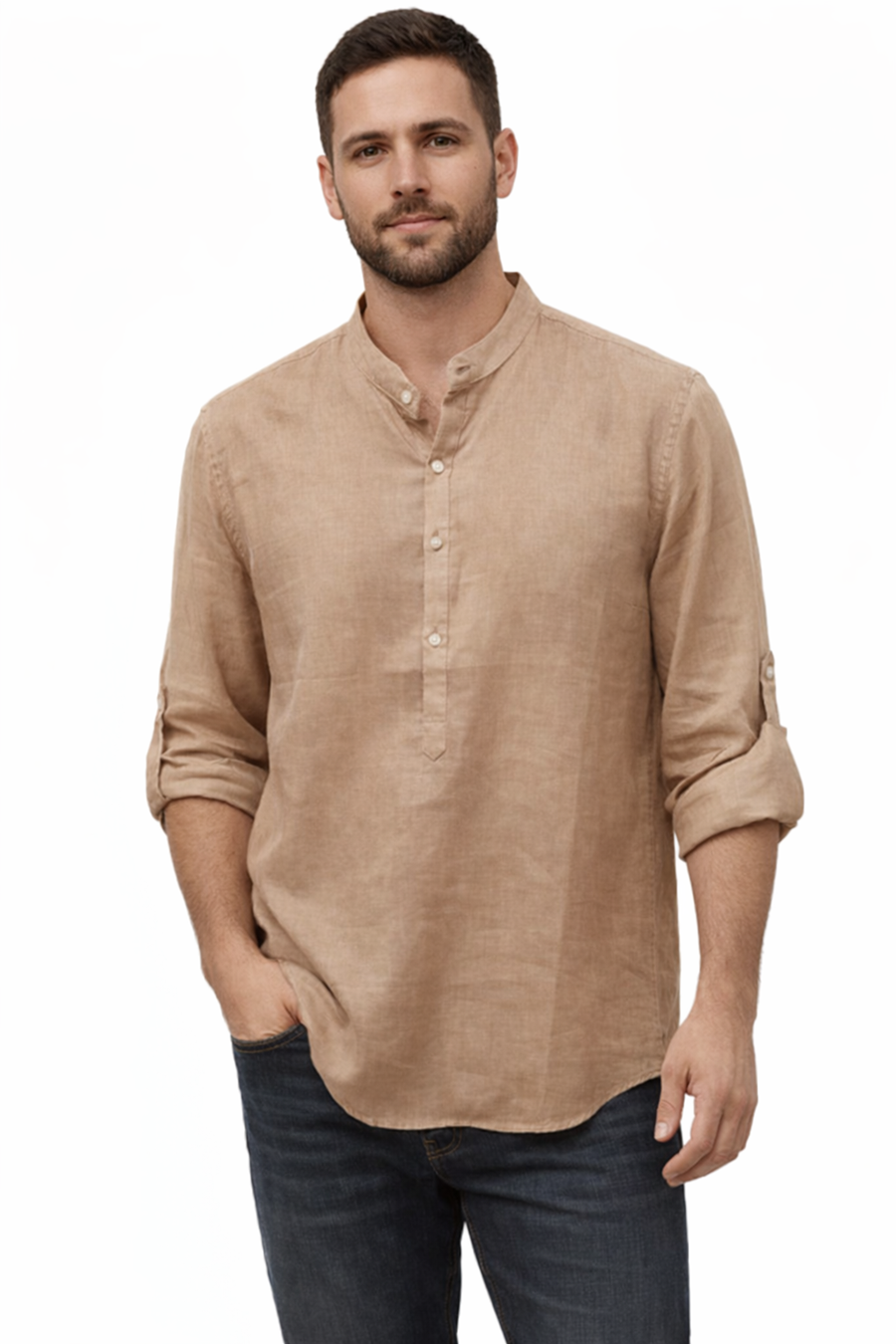 Camisa marron de cuello Mao para El