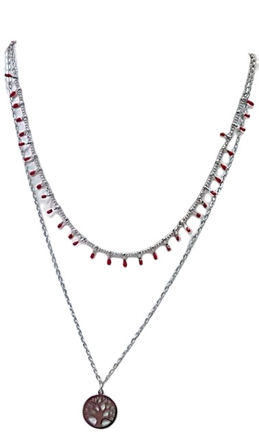 Collar de acero, discreto, doble vuelta con colgante árbol de la vida