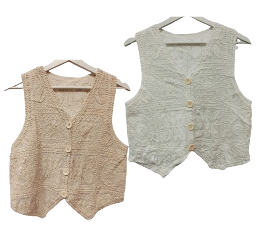 Chaleco abotonado, estilo blusa boho-chic, croché y bordados