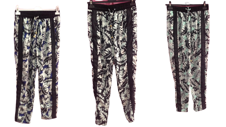 Pantalon mujer, juvenil, estampado con plumas, franja lateral