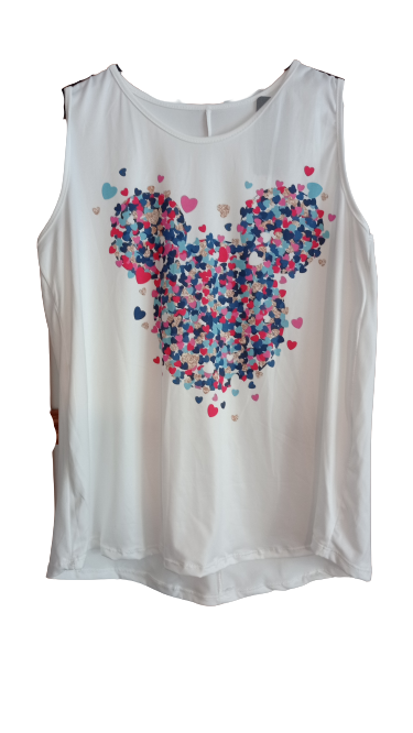 Camiseta de tirantes blanca, con rostro de Micky con corazones