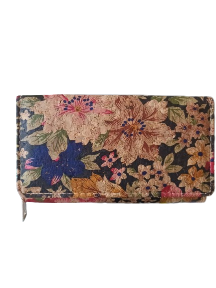 Monedero mujer efecto corcho, flores y hojas
