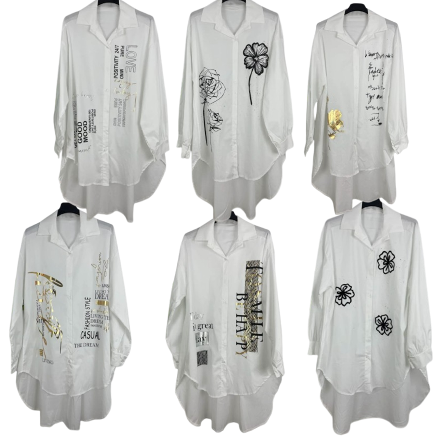 Blusón camisero blanco con dibujos discretos