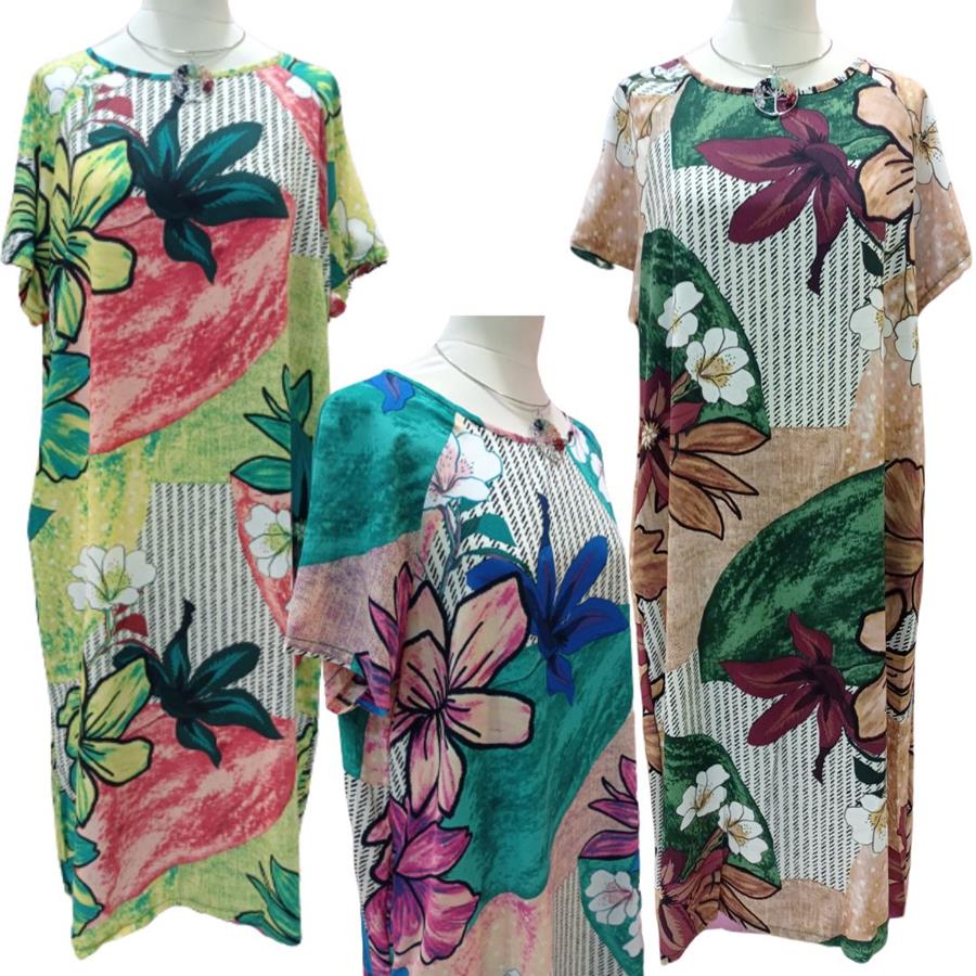 Vestido midi, manga corta, estampado tropical