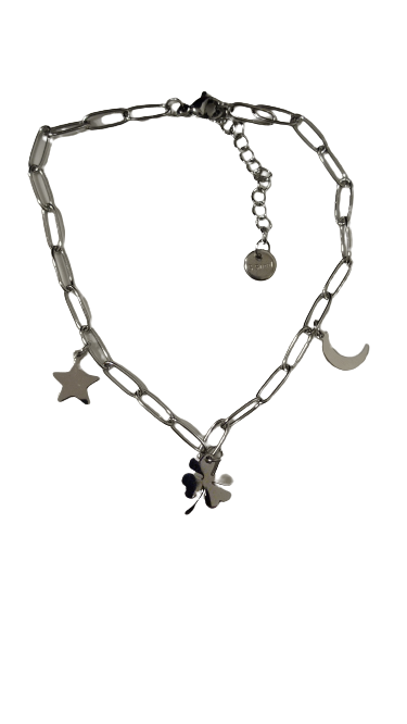 Pulsera de acero con trebol, estrella y luna