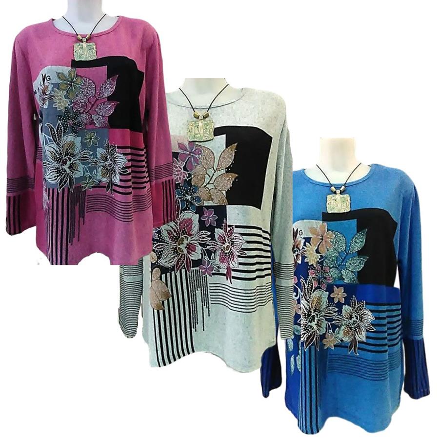 Camiseta manga larga, dibujo flores y geometría