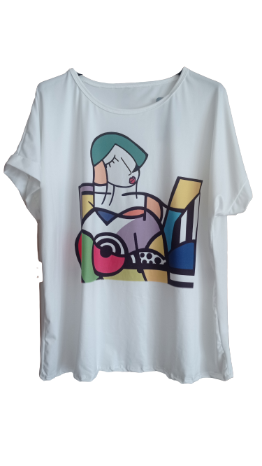 Camiseta mujer blanca con dibujo, tallas grandes,  manga corta