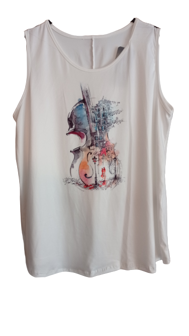 Camiseta mujer blanca, con calle y violín, de tirantes blanca
