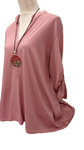 Blusa de algodon escote en V de color rosa, amplia para talla grande