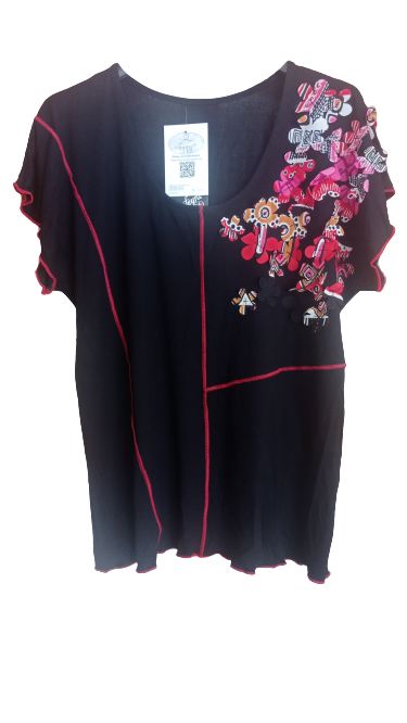 Camiseta negra para mujer con ramillete de flores, de manga corta