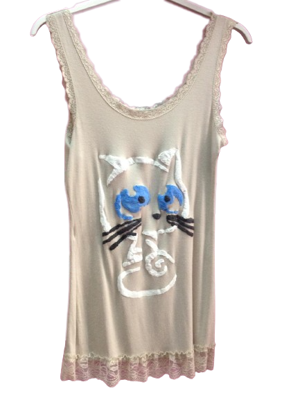Camiseta de tirantes, estampación a mano, "Gato con ojos azules"
