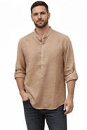Camisa de Hombre color marron claro con cuello Mao y manga regulable | 85-44-025-28-2590 | Ropa y complementos para todas, tallas grandes, moda casual, elegante y cómoda.