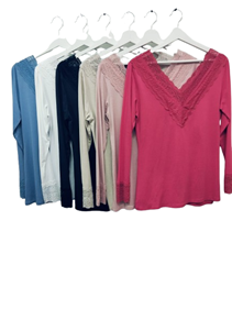 Camiseta manga larga. Basica lencera en cuello pico | 65-2-048-1-1990 | Ropa y complementos para todas, tallas grandes, moda casual, elegante y cómoda.