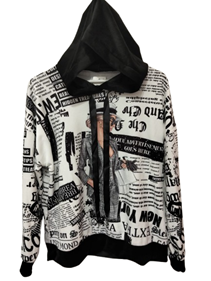 Sudadera de mujer con capucha, estampado de recortes de periodico | 70-67-002-62-2090 | Ropa y complementos para todas, tallas grandes, moda casual, elegante y cómoda.