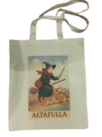 Bolsa de tela con dibujo a color de Bruja con varita sobrevuela Altafulla | 18-83B-009-87-693 | Ropa y complementos para todas, tallas grandes, moda casual, elegante y cómoda.