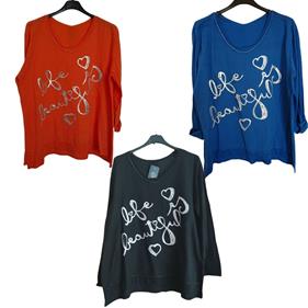 Camiseta de algodón manga larga con frase "Life is Beautiful" | 752525 | Ropa y complementos para todas, tallas grandes, moda casual, elegante y cómoda.